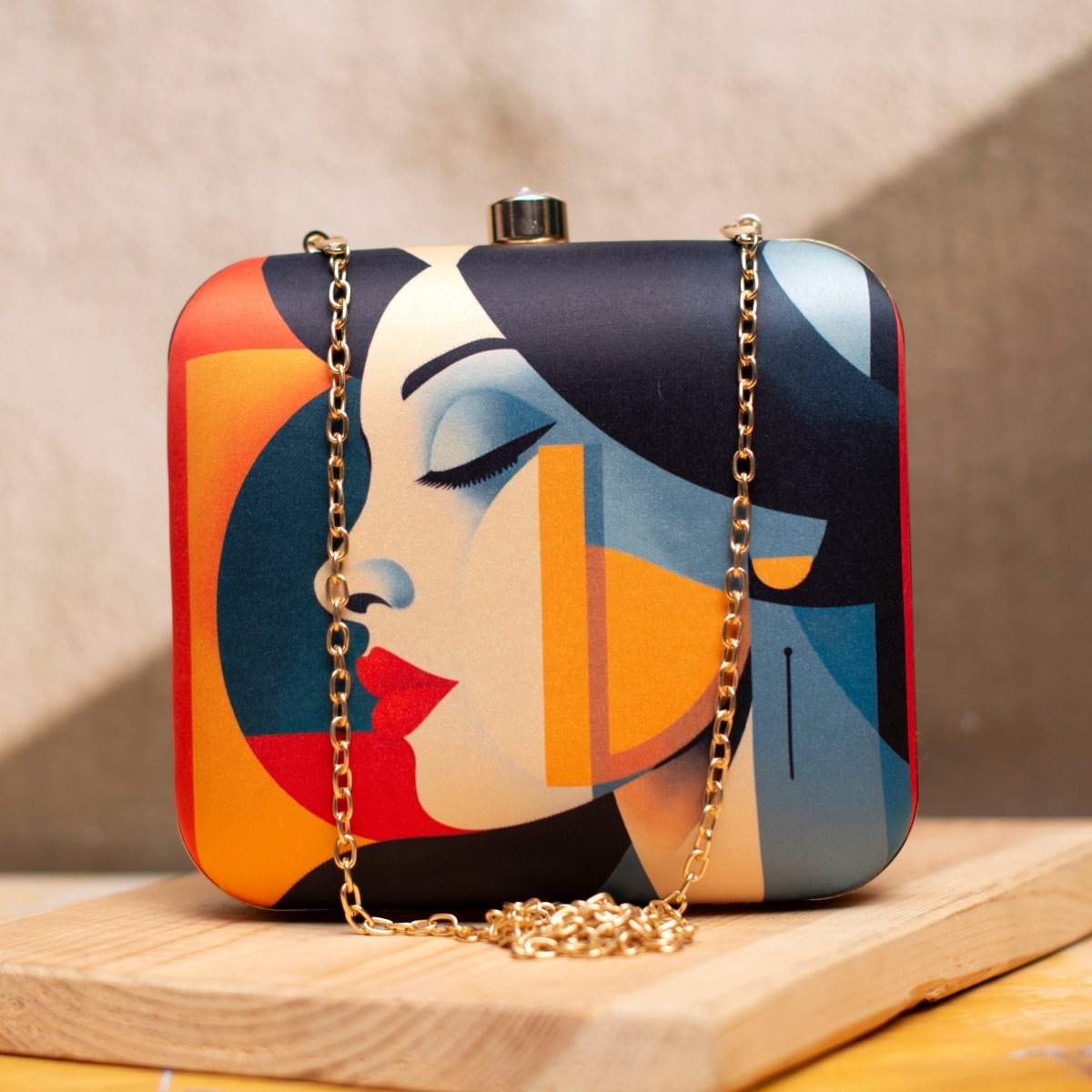 Multicoloured Side Face Women Portrait Printed Clutch
