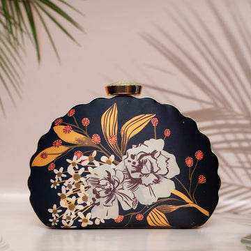 Artklim Black And White Flower Printed D-shape Clutch