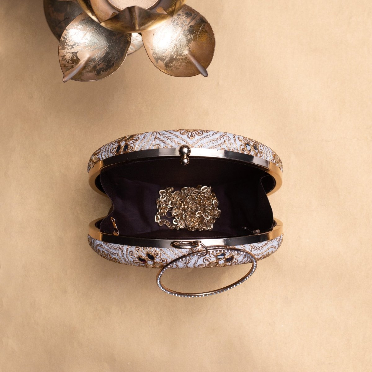 Artklim White Based Golden Threadwork Embroidery Clutch
