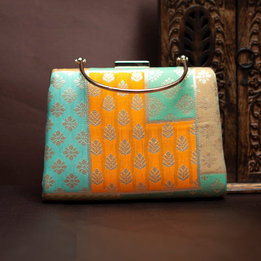 Multipattern Green Brocade Party Clutch