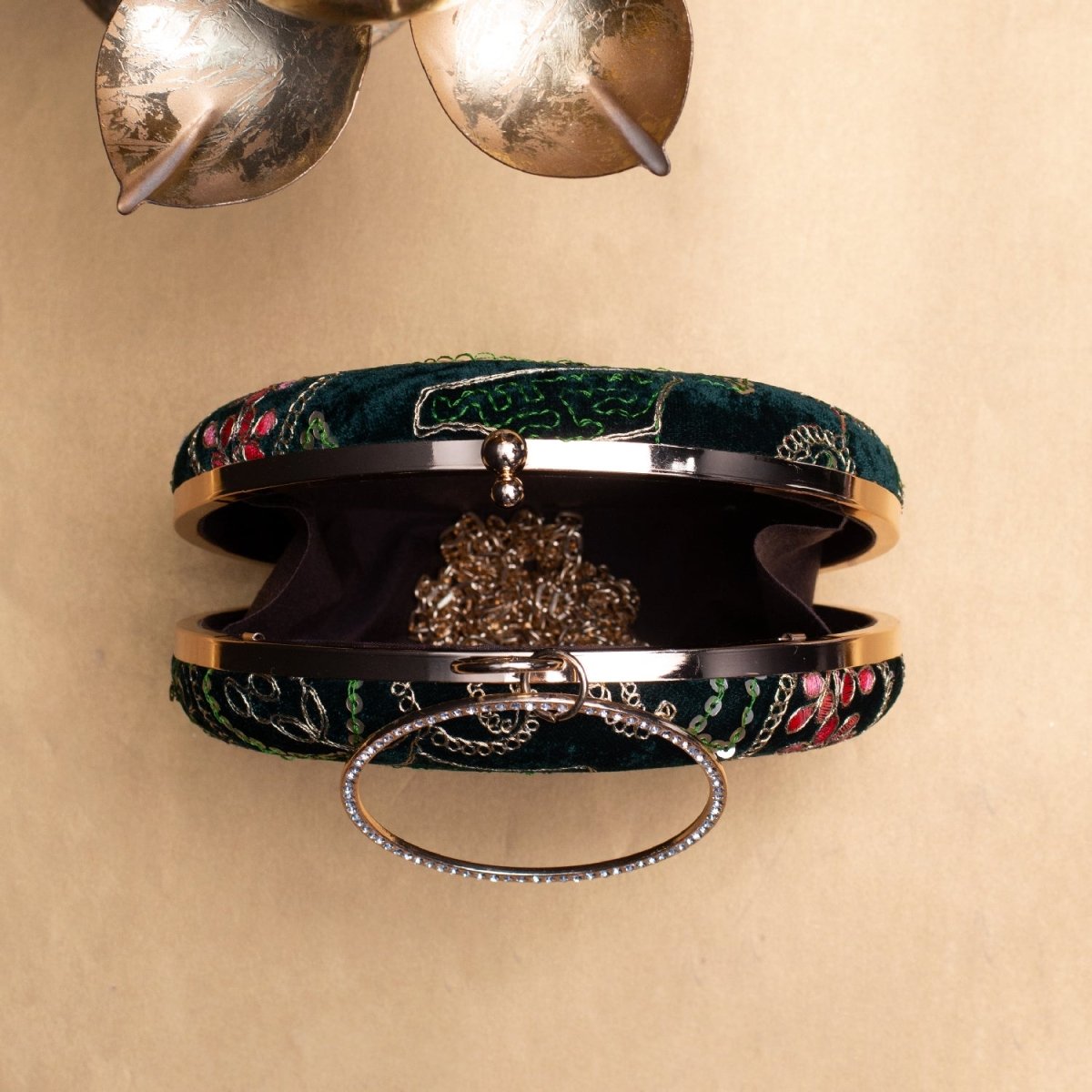 Artklim Green Based Multicolored Threadwork Embroidery Clutch