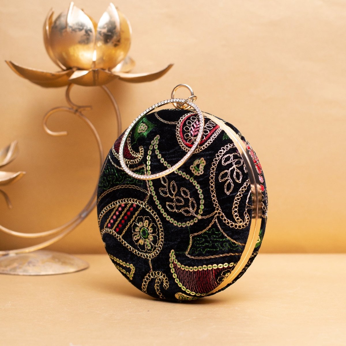 Artklim Black Based Multicolored Threadwork Embroidery Clutch