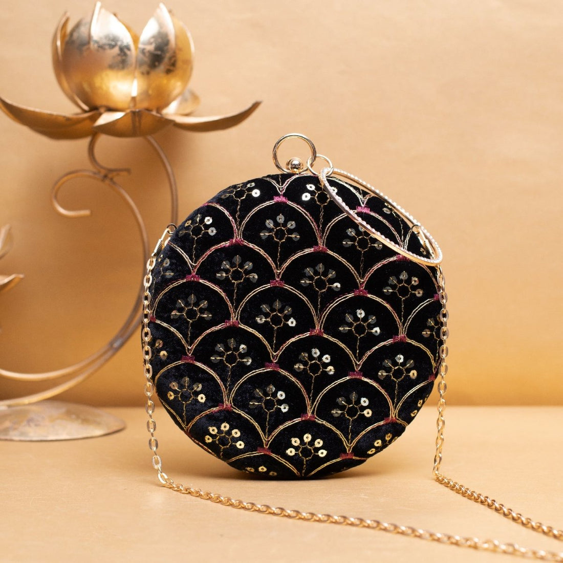 Artklim Black Based Golden Zari Embroidery Clutch