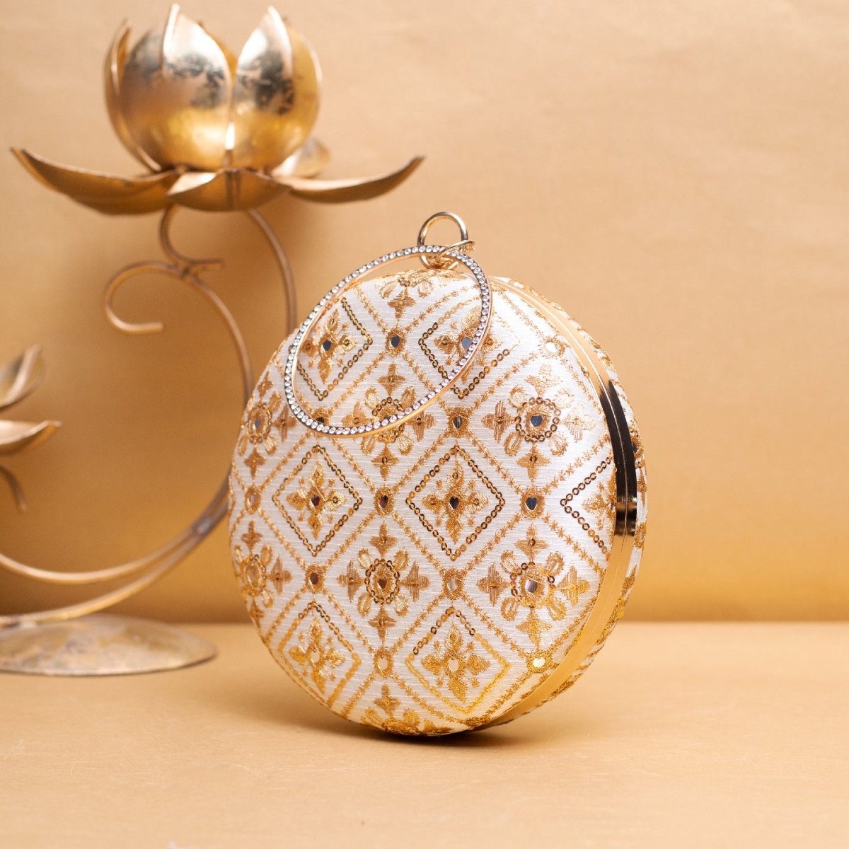 Artklim White Based Golden Threadwork Embroidery Clutch