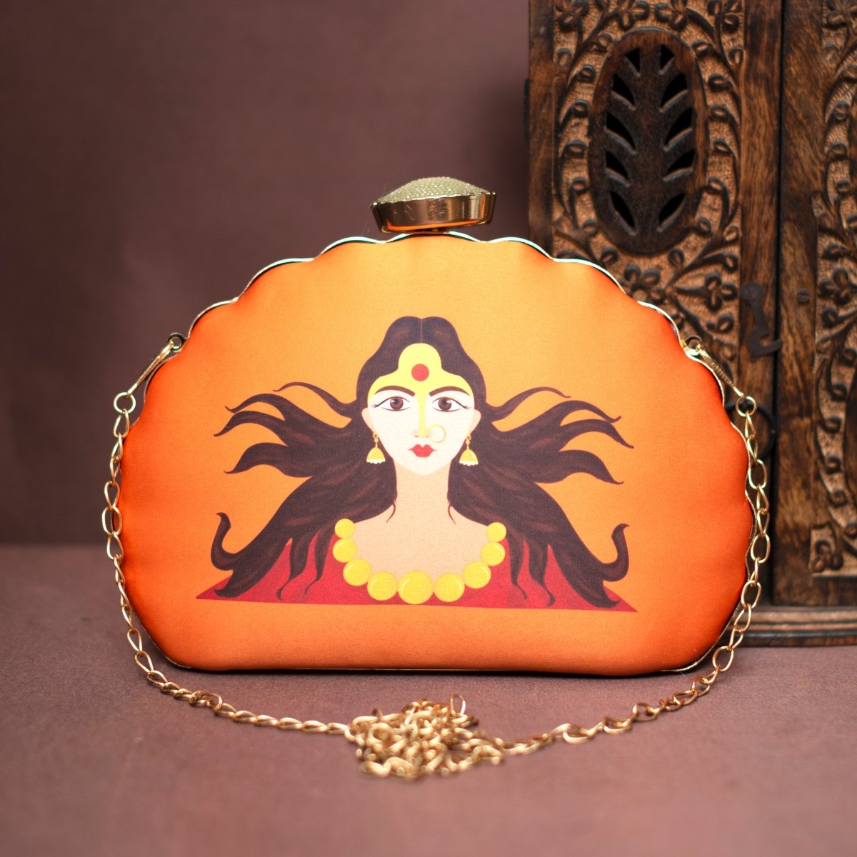 Artklim Orange Durga Printed D-Shape Clutch