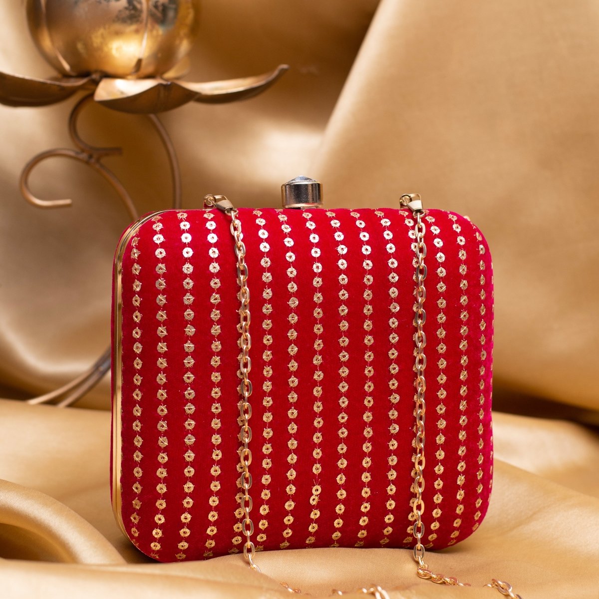 Artklim Bright Red Based Golden Sequins Embroidery Clutch