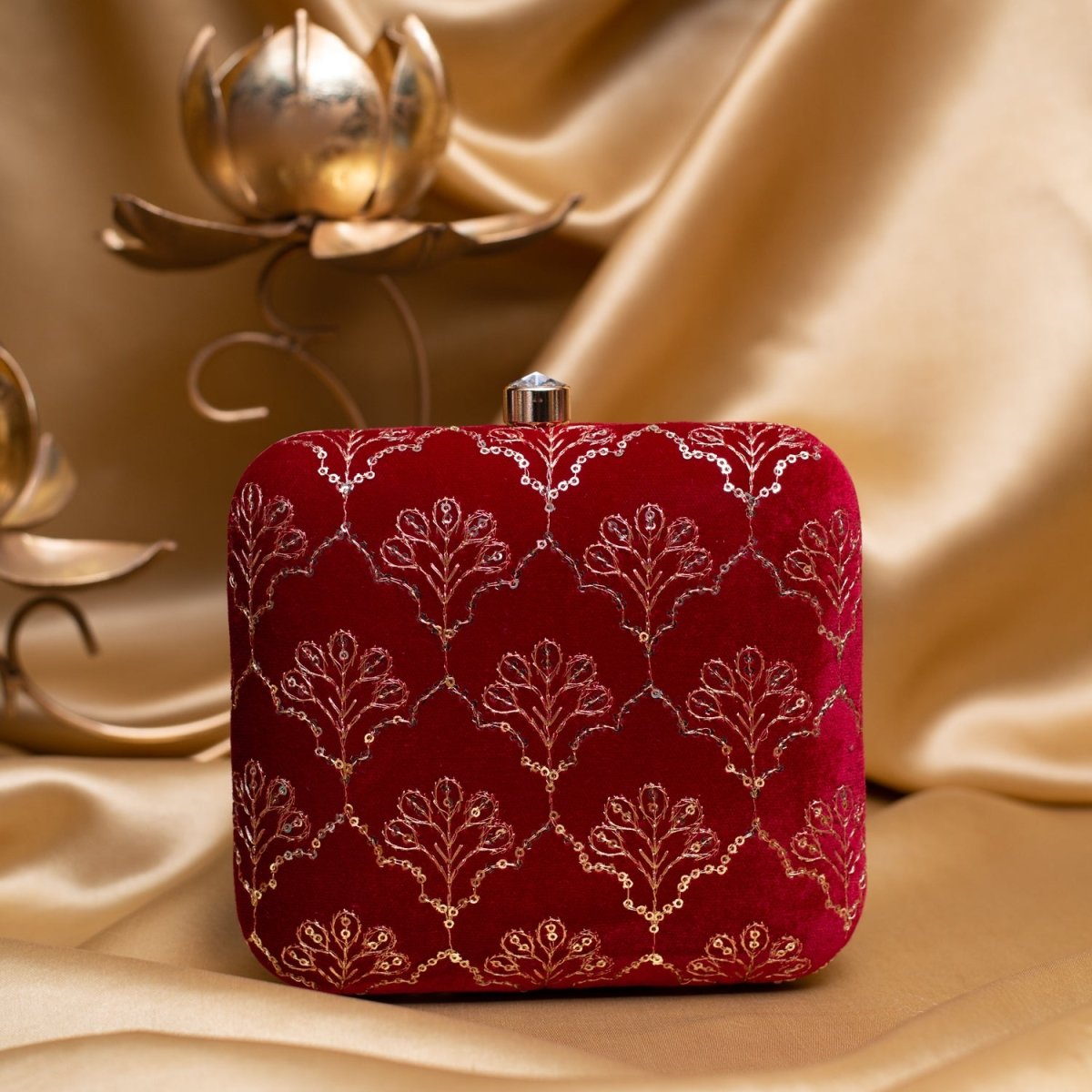 Artklim Maroon Based Golden Sequins Embroidery Clutch