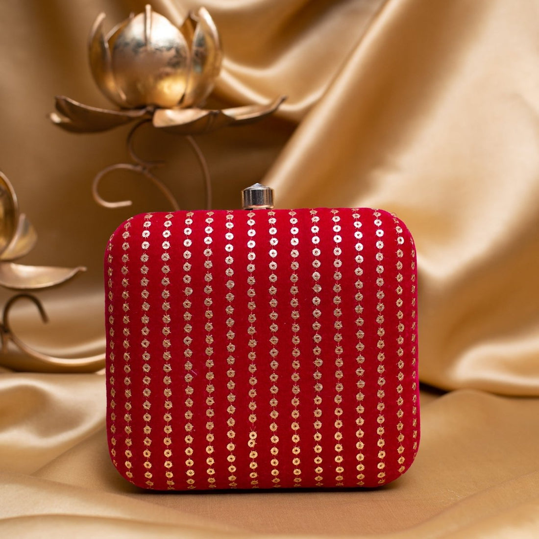 Artklim Bright Red Based Golden Sequins Embroidery Clutch
