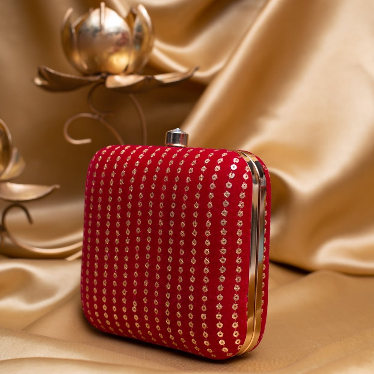 Artklim Bright Red Based Golden Sequins Embroidery Clutch