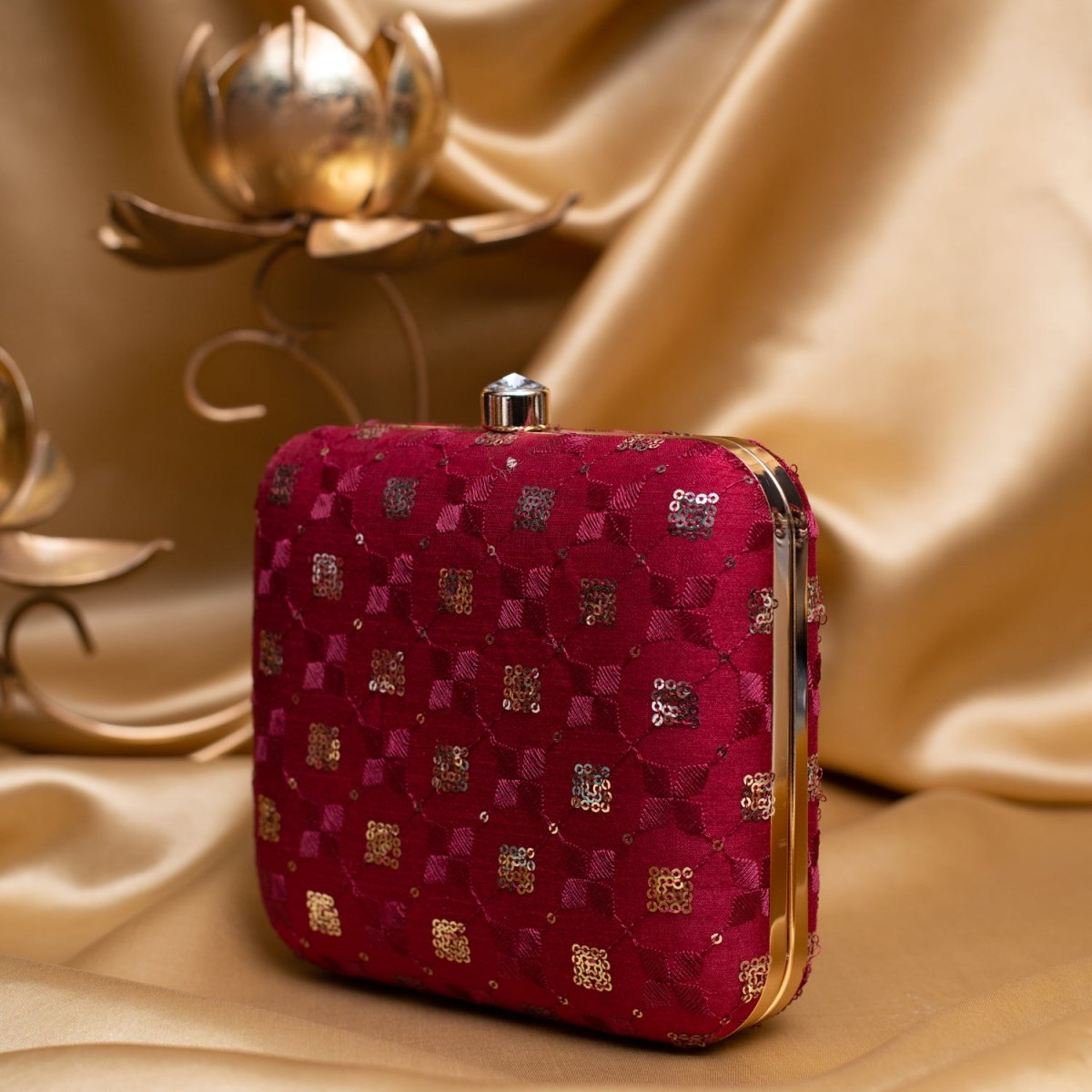 Artklim Red Based Silver Sequins Embroidery Clutch