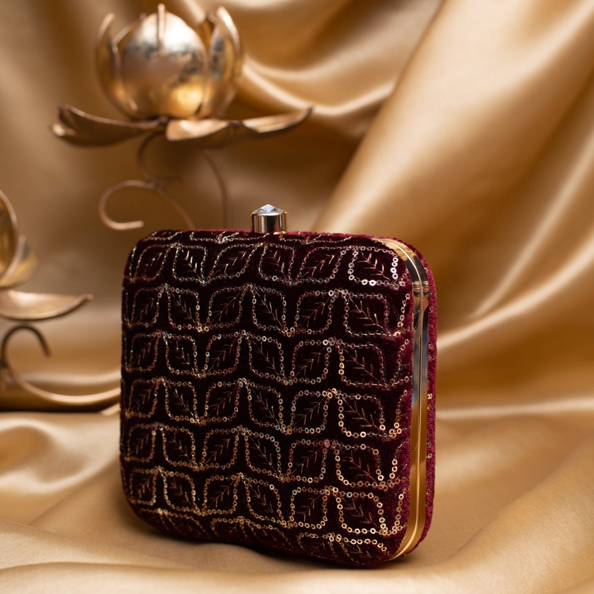 Artklim Maroon Based Golden Sequins Embroidery Clutch