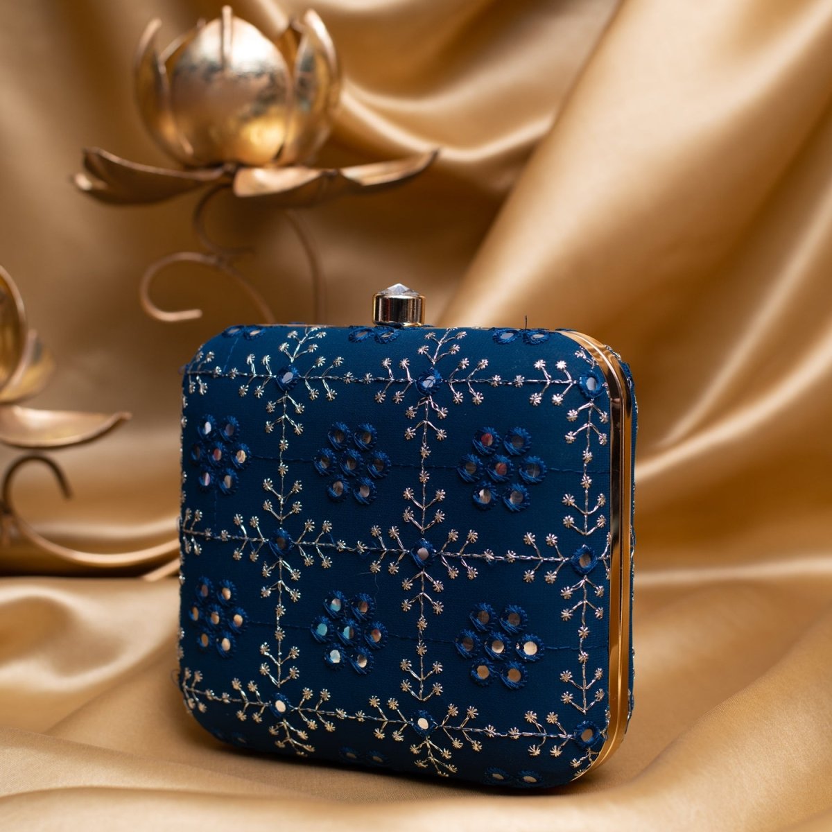 Artklim Blue Based Silver Threadwork Embroidery Clutch