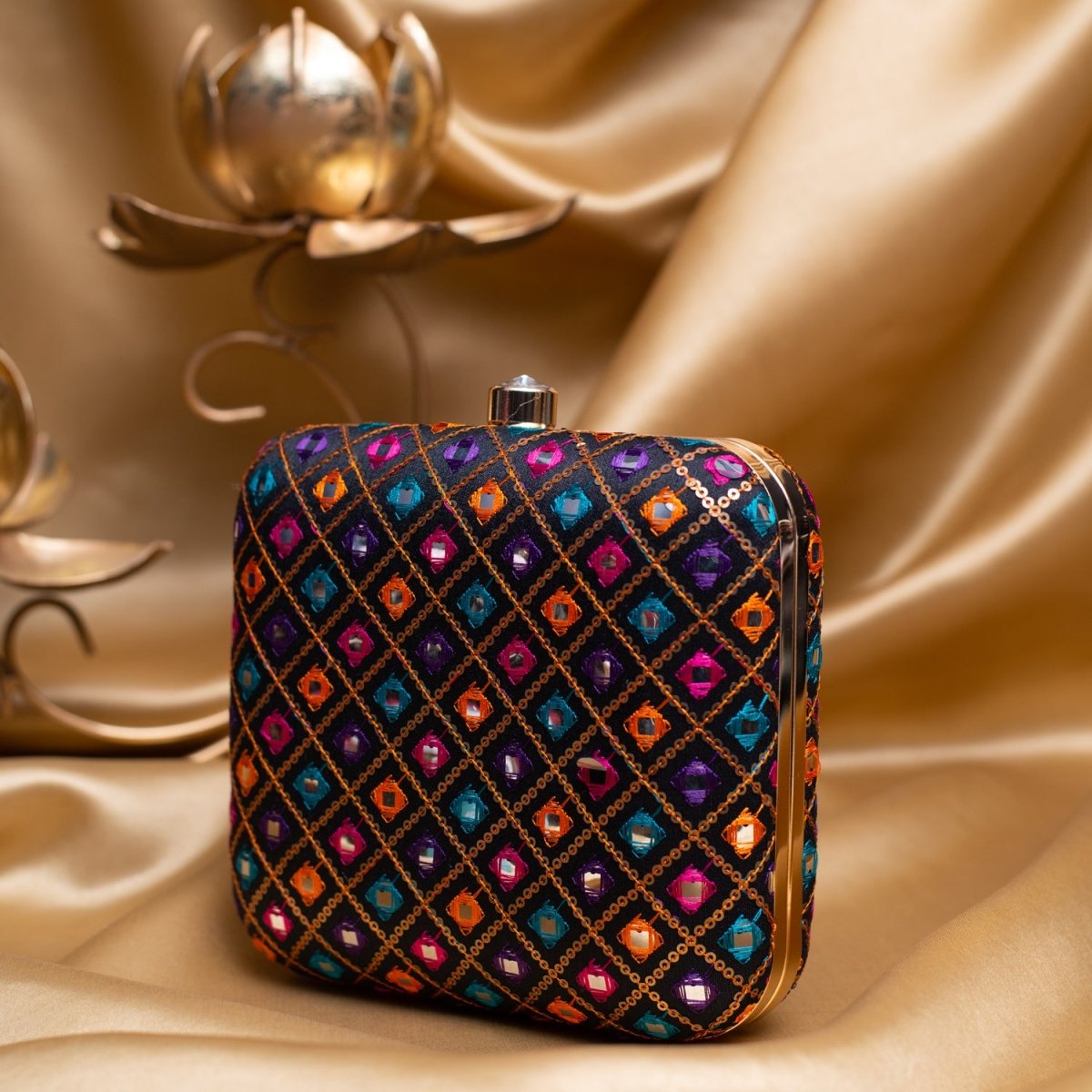 Artklim Black Based Multicolored Threadwork Embroidery Clutch