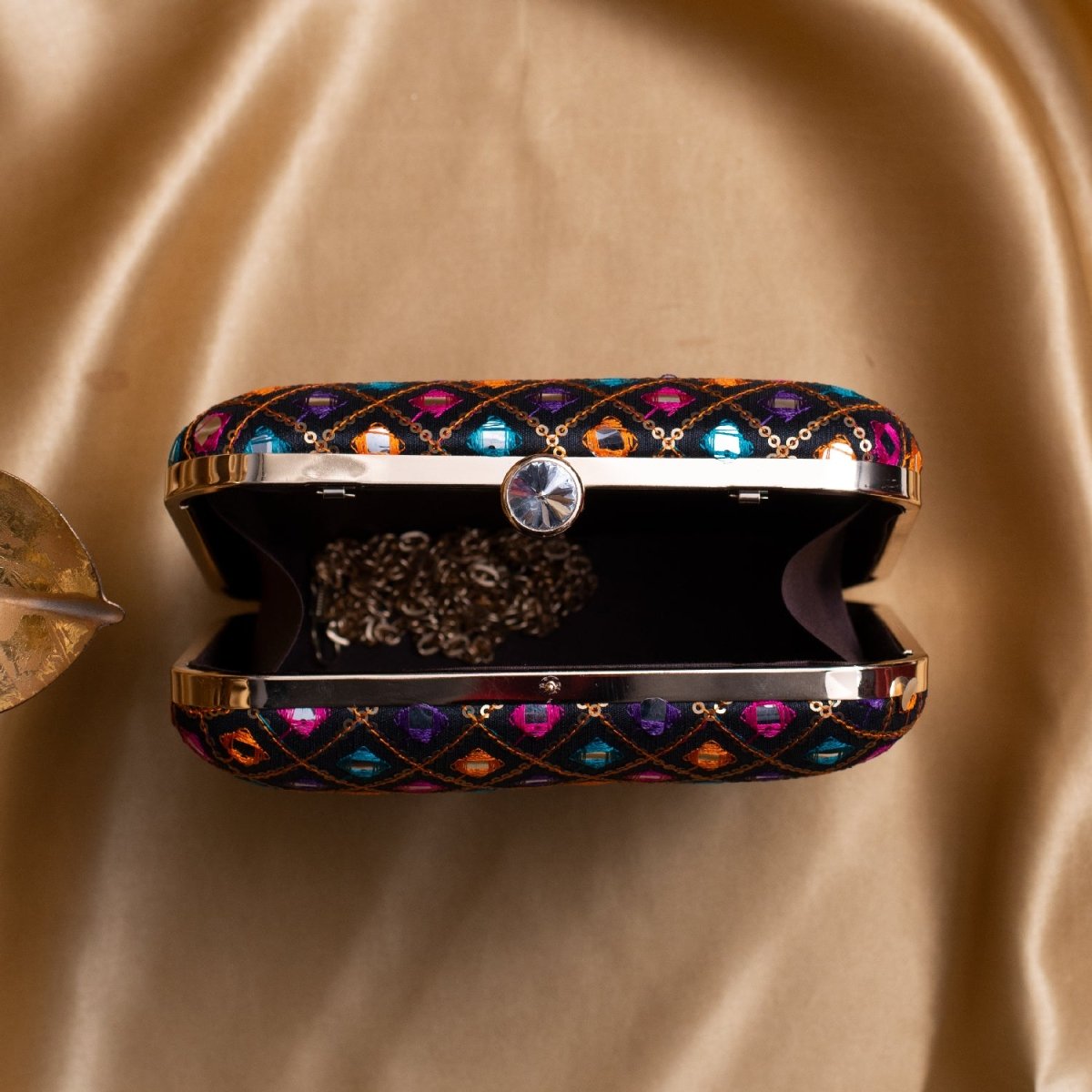 Artklim Black Based Multicolored Threadwork Embroidery Clutch
