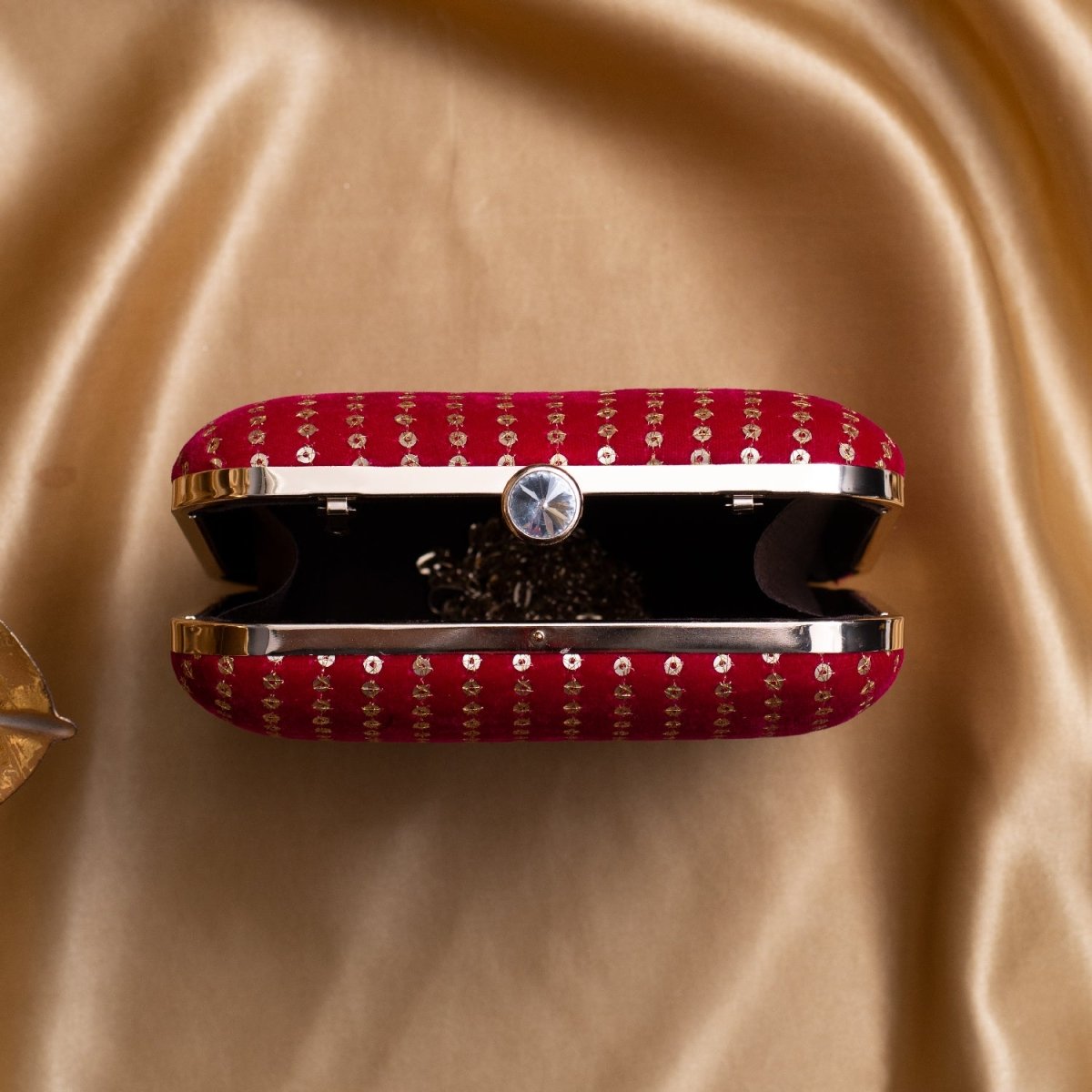 Artklim Bright Red Based Golden Sequins Embroidery Clutch