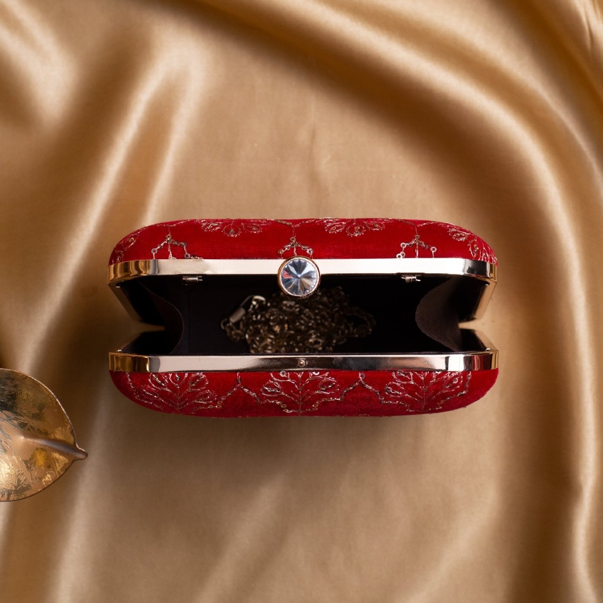 Artklim Bright Red Based Golden Sequins Embroidery Clutch