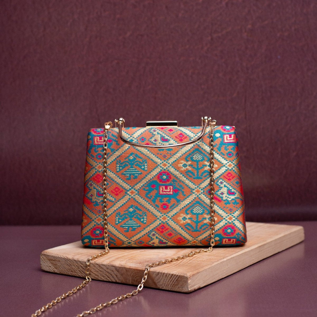 Artklim Ash Brown Based Patola Pattern Printed Fabric Clutch