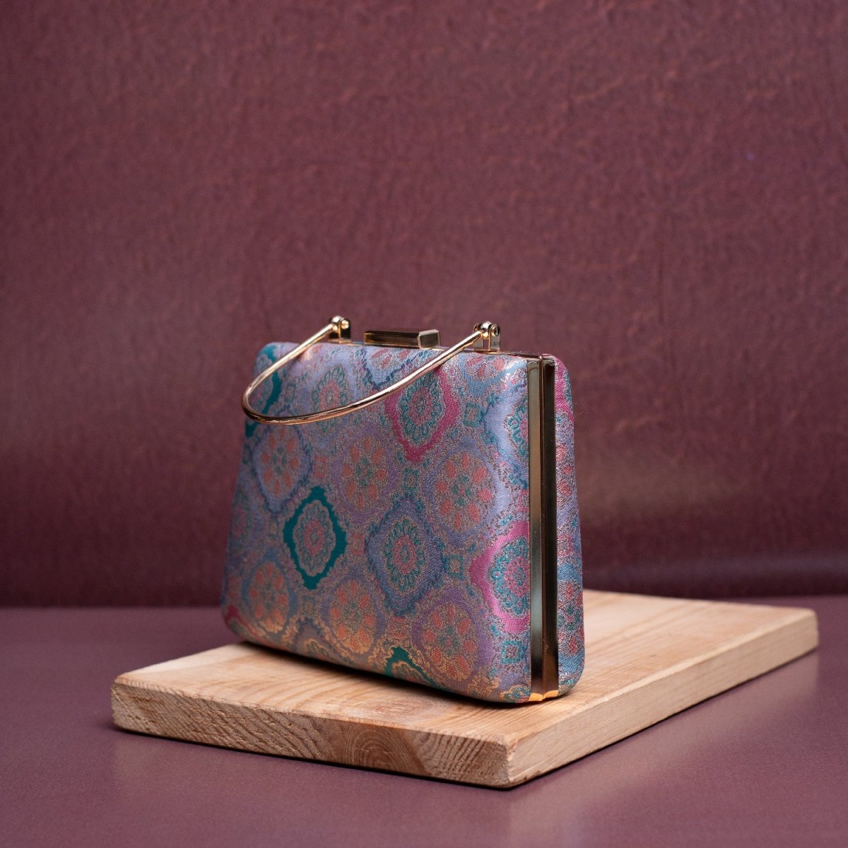 Artklim Blue And Pink Floral Pattern Printed Fabric Clutch