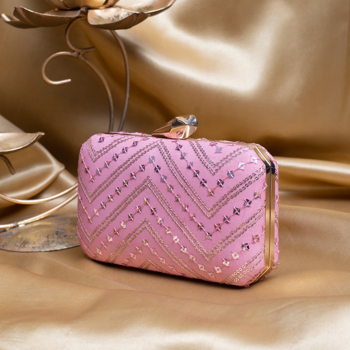 Artklim Light Pink Based Silver Sequins Embroidery Clutch