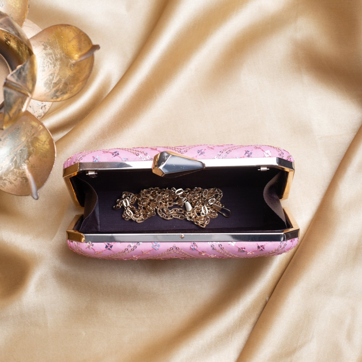 Artklim Light Pink Based Silver Sequins Embroidery Clutch