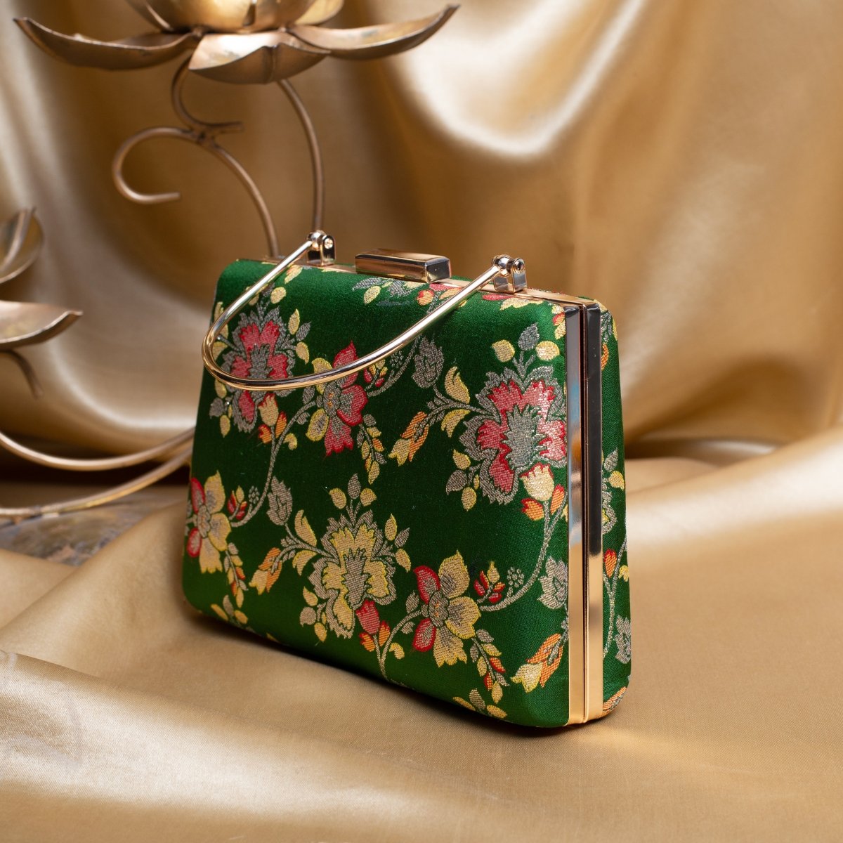 Artklim Dark Olive Green Based Floral Pattern Printed Clutch