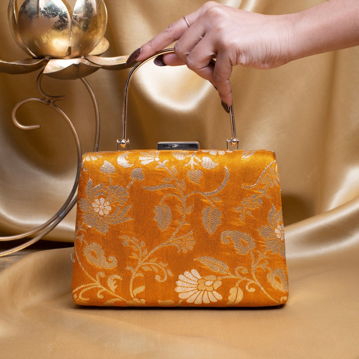 Artklim Yellow Based Silver Floral Pattern Printed Brocade Fabric Clutch