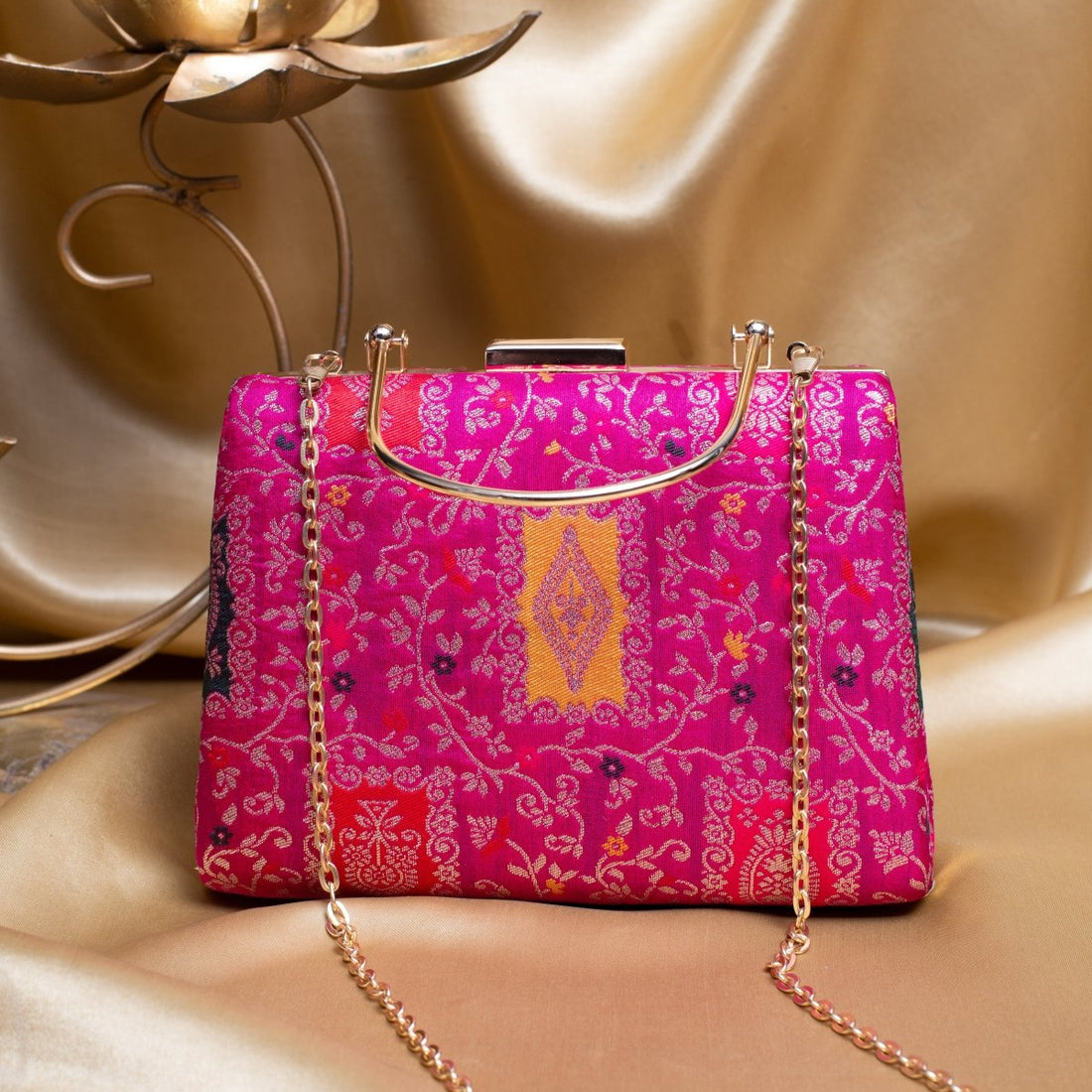 Artklim Pink Based Silver Pattern Printed Brocade Fabric Clutch