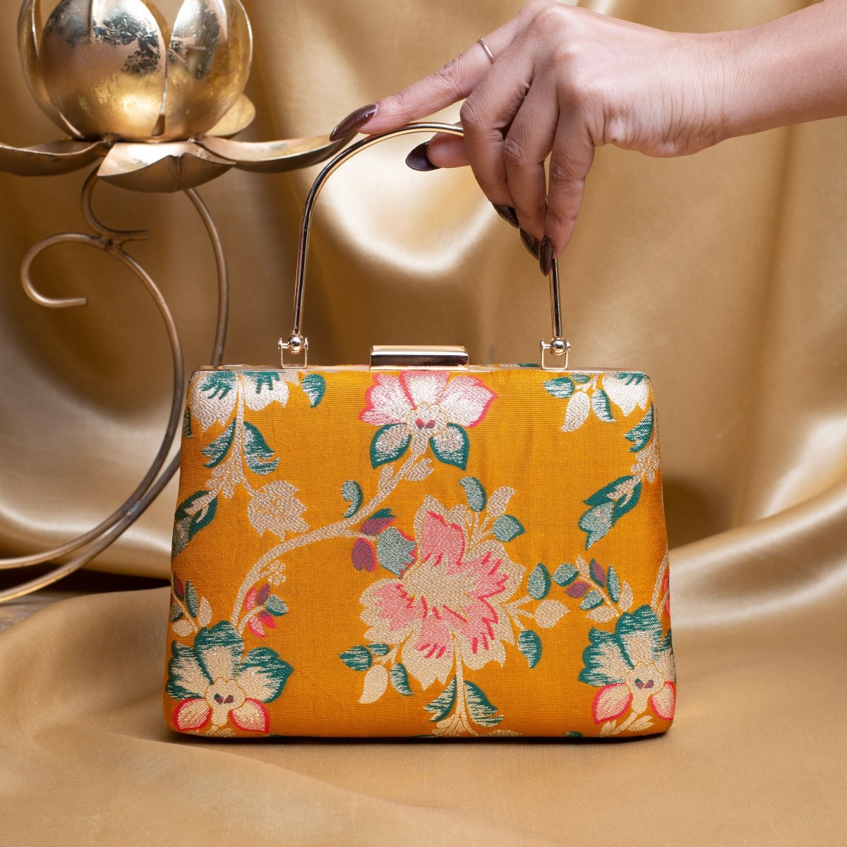 Artklim Yellow Based Pink Floral Printed Brocade Fabric Clutch