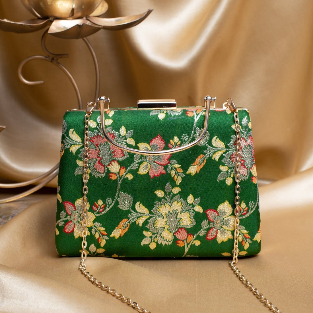 Artklim Dark Olive Green Based Floral Pattern Printed Clutch