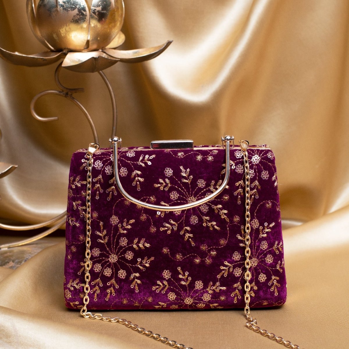 Artklim Maroon Based Golden Sequins Embroidery Clutch