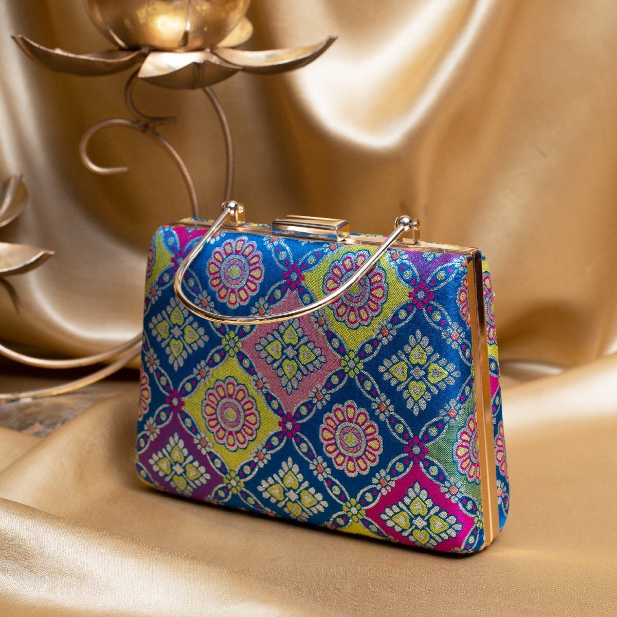 Artklim Blue Based Multipattern Printed Brocade Fabric Clutch