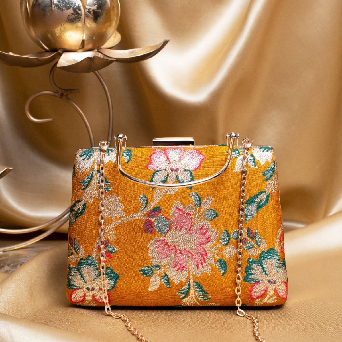 Artklim Yellow Based Pink Floral Printed Brocade Fabric Clutch