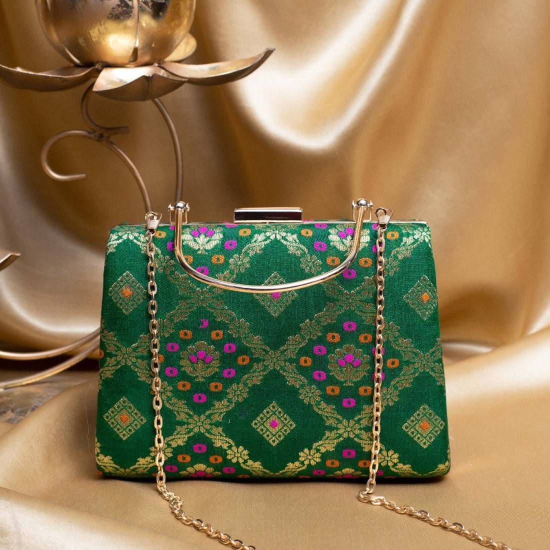 Artklim Green Based Pink Pattern Printed Brocade Fabric Clutch