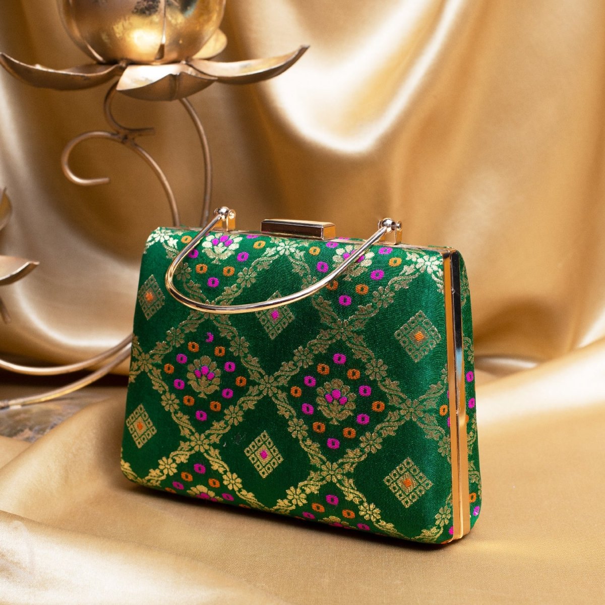 Artklim Green Based Pink Pattern Printed Brocade Fabric Clutch