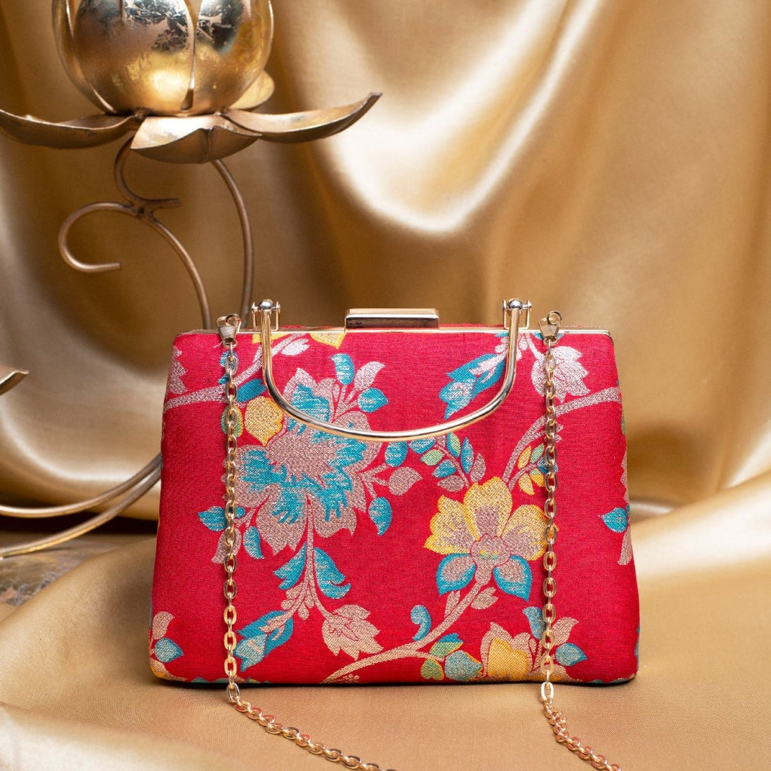 Artklim Red Based Yellow Floral Printed Brocade Fabric Clutch