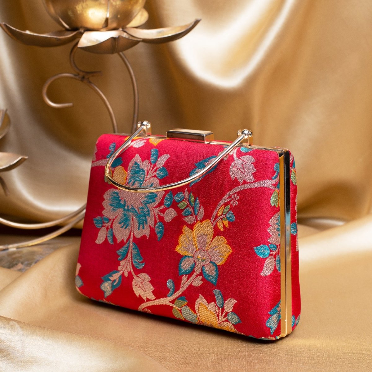 Artklim Red Based Yellow Floral Printed Brocade Fabric Clutch