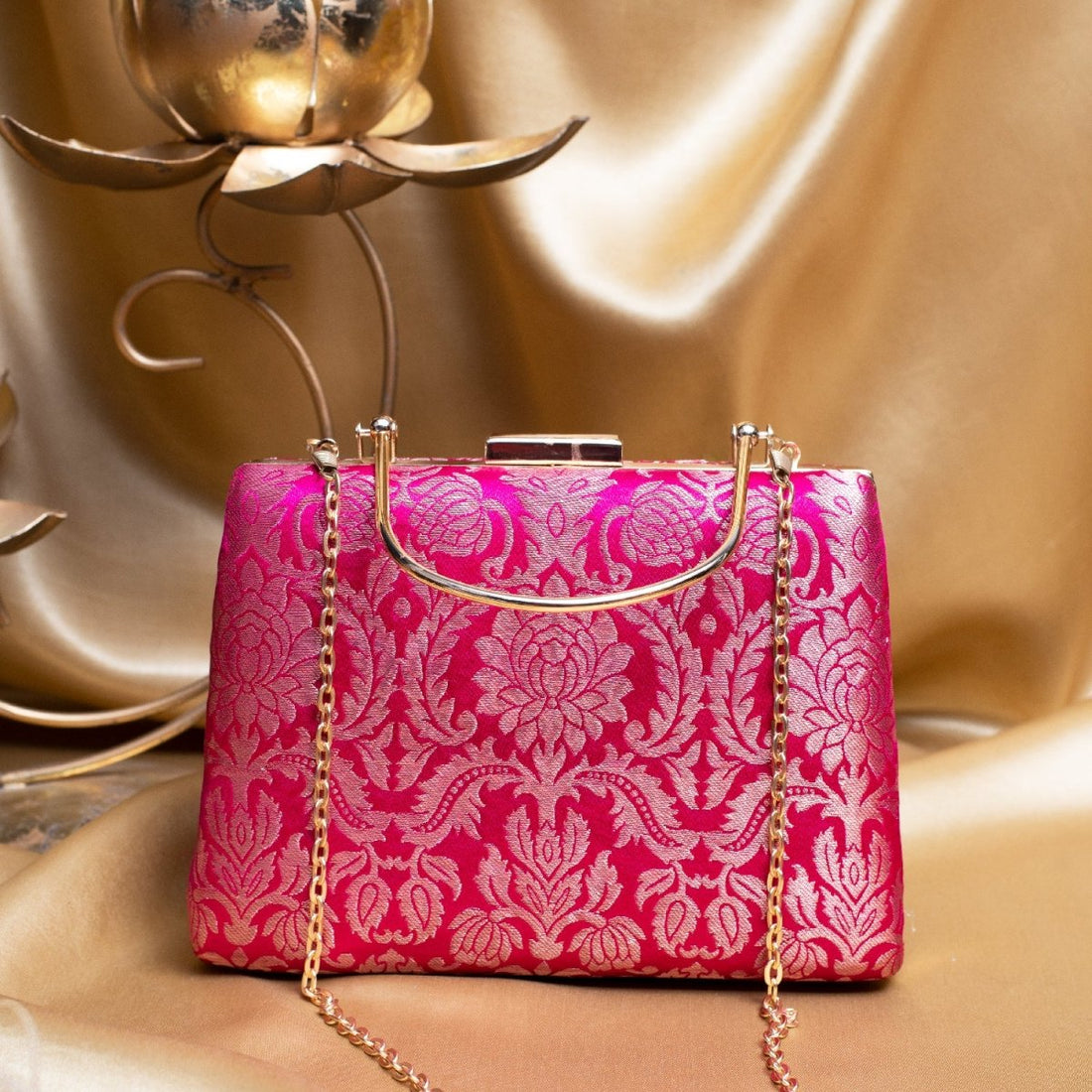 Artklim Pink Based Silver Pattern Printed Brocade Fabric Clutch
