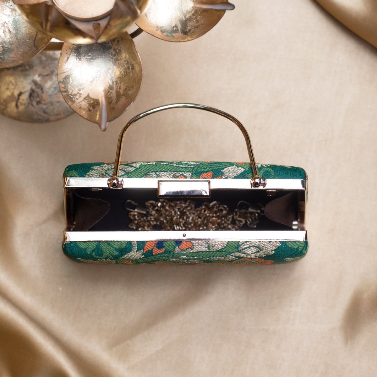 Artklim Dark Green Based Floral Pattern Printed Brocade Fabric Clutch