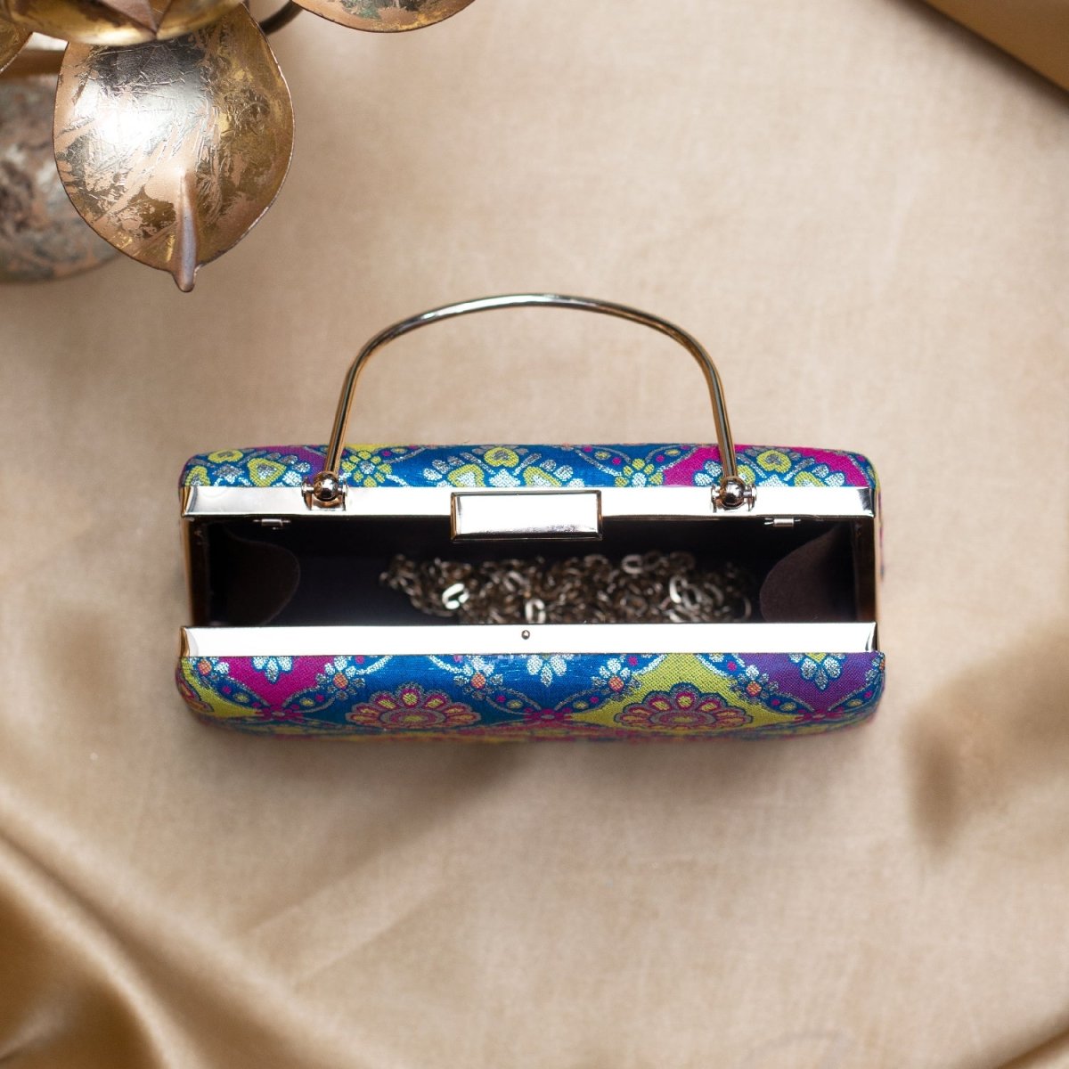 Artklim Blue Based Multipattern Printed Brocade Fabric Clutch