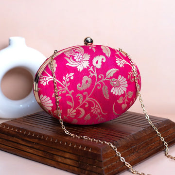 Artklim Magenta Pink Based Silver Floral Pattern Brocade Fabric Oval Clutch