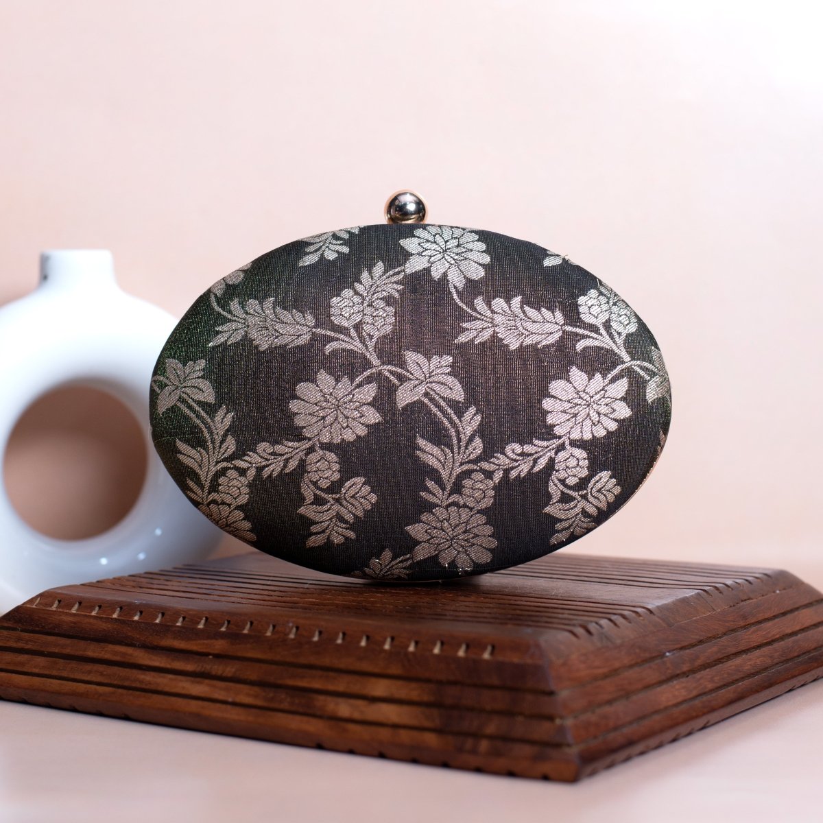 Artklim Black Based Silver Floral Pattern Brocade Fabric Oval Clutch