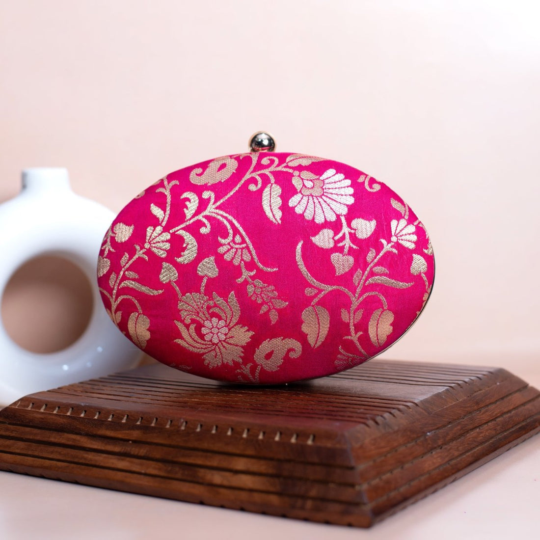Artklim Magenta Pink Based Silver Floral Pattern Brocade Fabric Oval Clutch