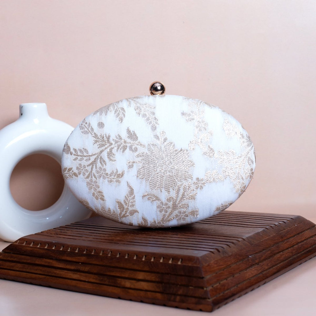 Artklim White Based Silver Brocade Fabric Oval Clutch