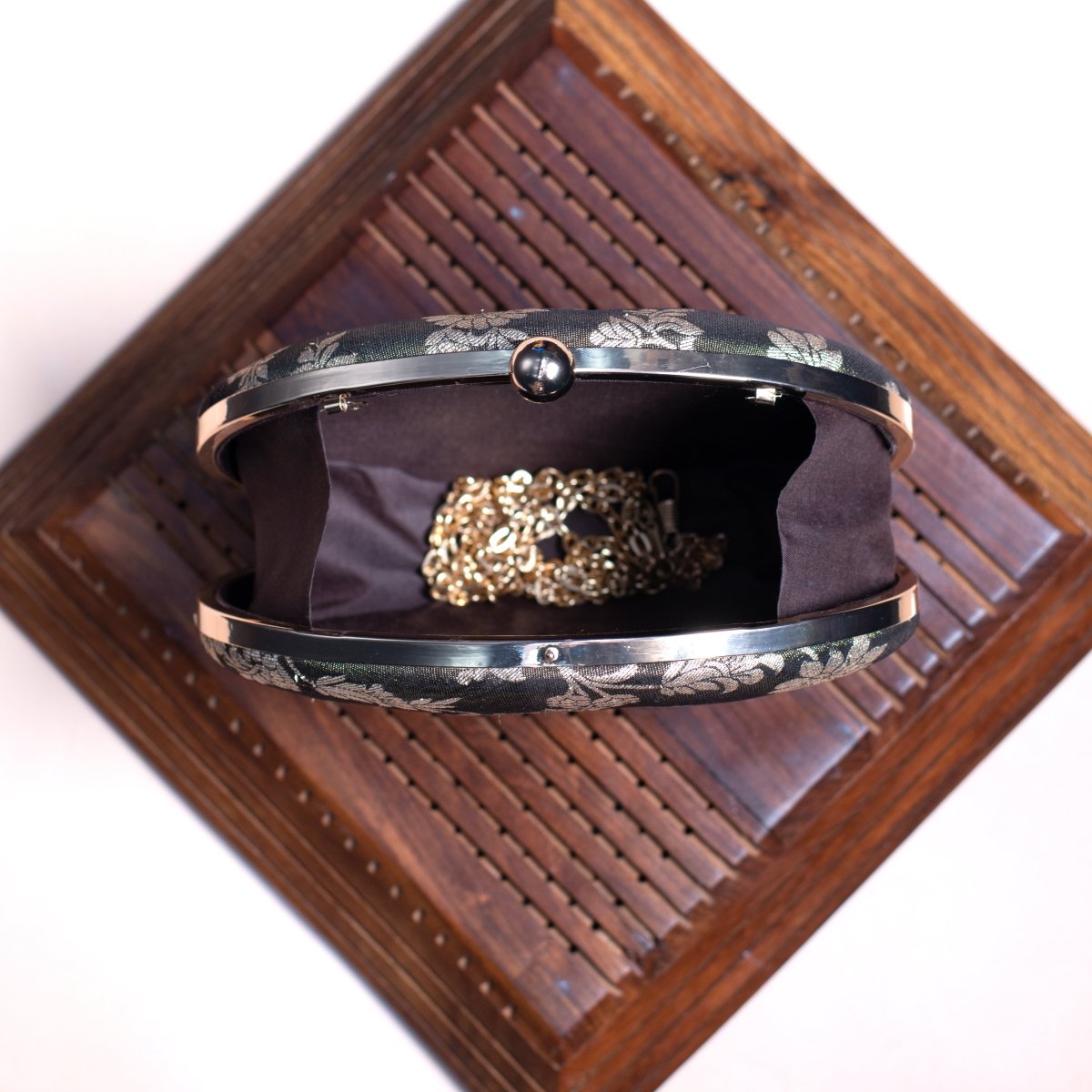 Artklim Black Based Silver Floral Pattern Brocade Fabric Oval Clutch