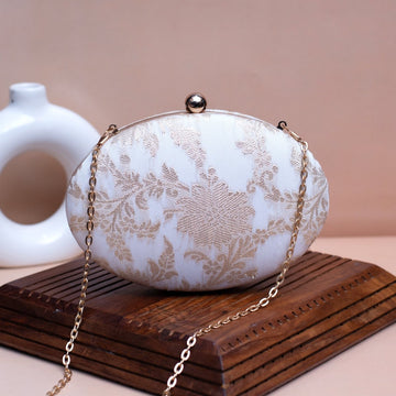 Artklim White Based Silver Brocade Fabric Oval Clutch