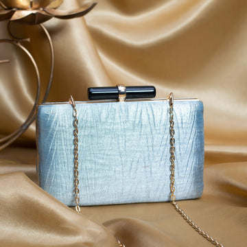 Artklim Pastel Blue Based Crushed Satin Fabric Clutch