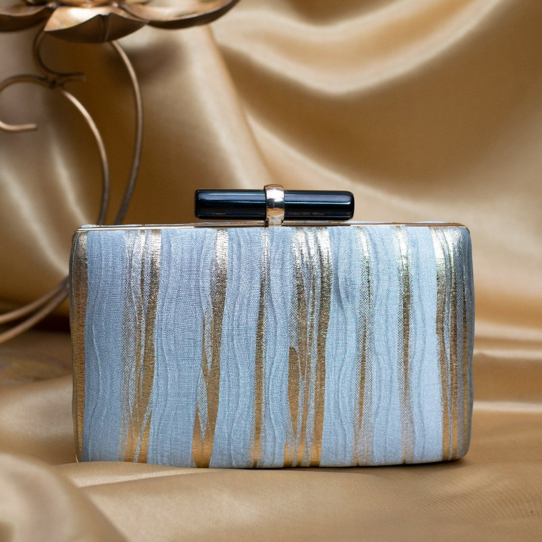 Artklim Pastel Blue And Golden Based Crushed Satin Fabric Clutch