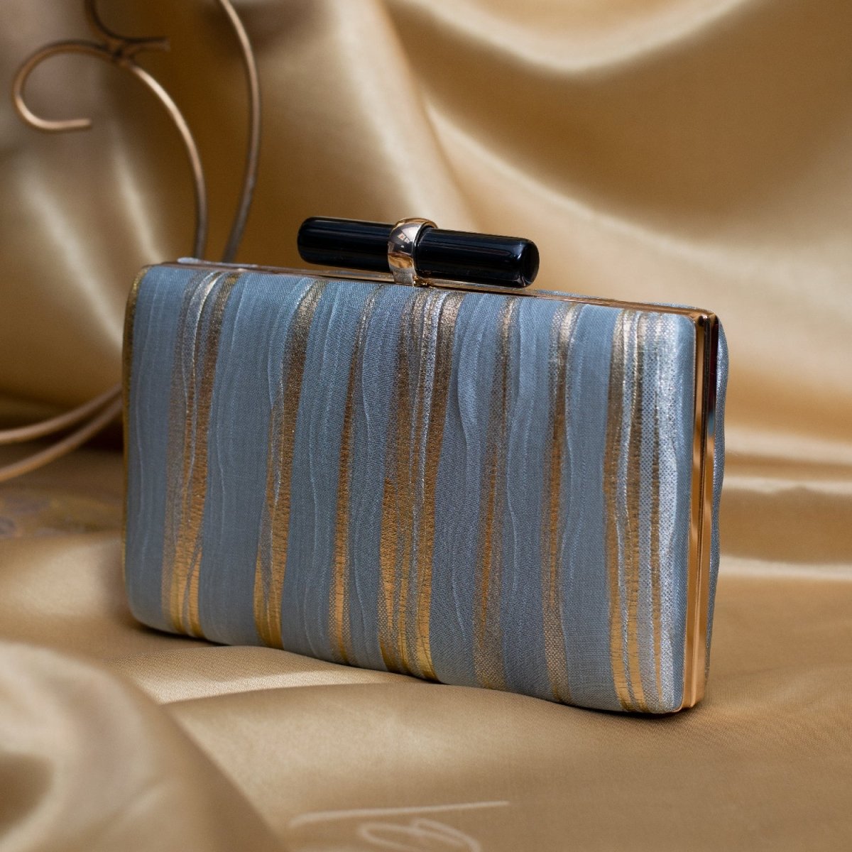Artklim Pastel Blue And Golden Based Crushed Satin Fabric Clutch