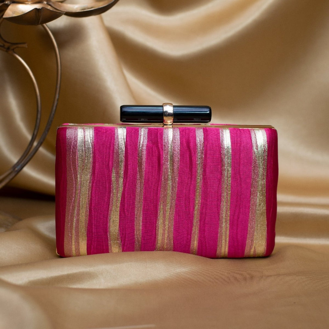 Artklim Pink And Golden Based Crushed Satin Fabric Clutch