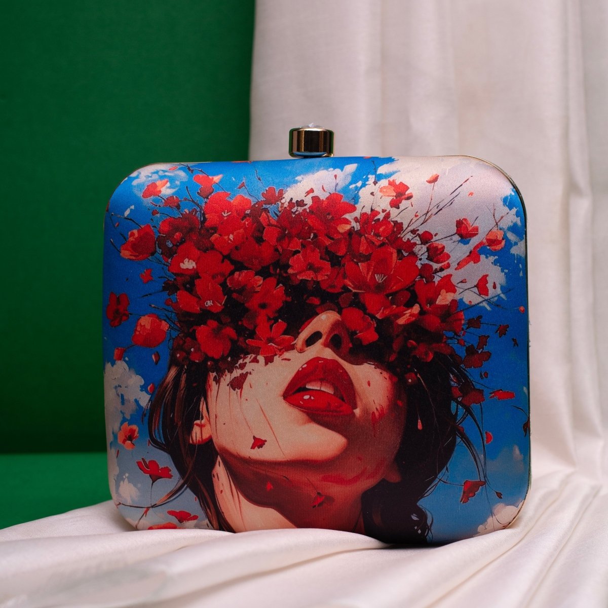 Blue Based Floral Girl With Bold Red Lips Printed Clutch